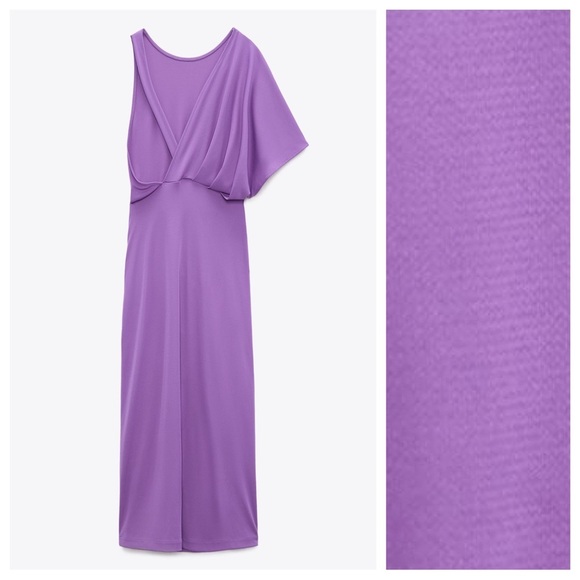 NWT. Zara Light Lilac Draped Asymmetrical Open Back Midi Dress. Size S. - Picture 8 of 13